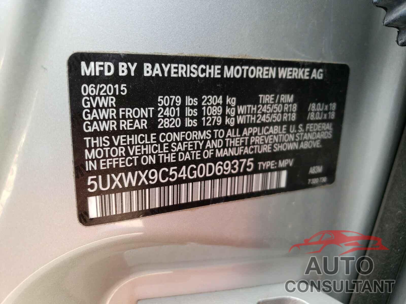 BMW X3 2016 - 5UXWX9C54G0D69375