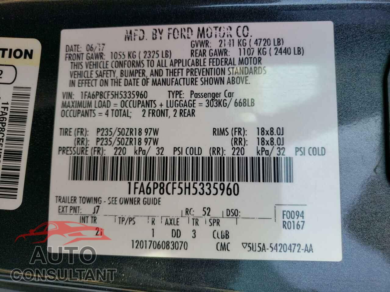 FORD MUSTANG 2017 - 1FA6P8CF5H5335960