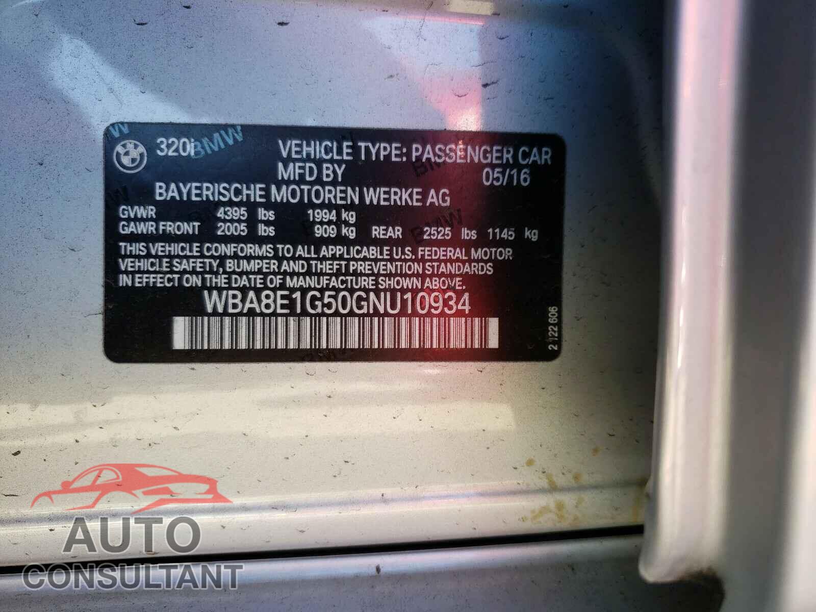 BMW 3 SERIES 2016 - WBA8E1G50GNU10934