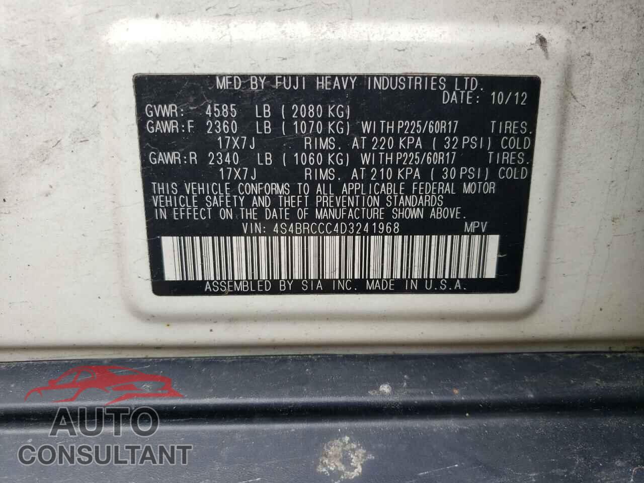 SUBARU OUTBACK 2013 - 4S4BRCCC4D3241968