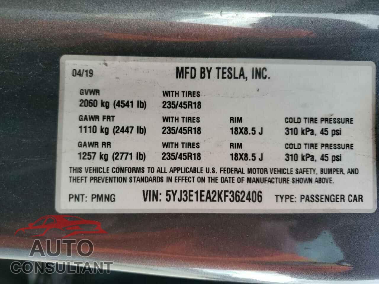 TESLA MODEL 3 2019 - 5YJ3E1EA2KF362406