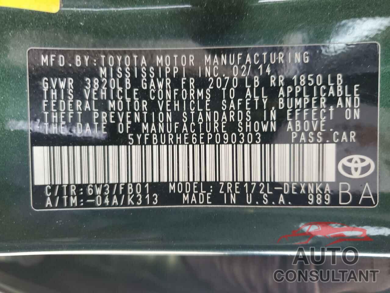TOYOTA COROLLA 2014 - 5YFBURHE6EP090303