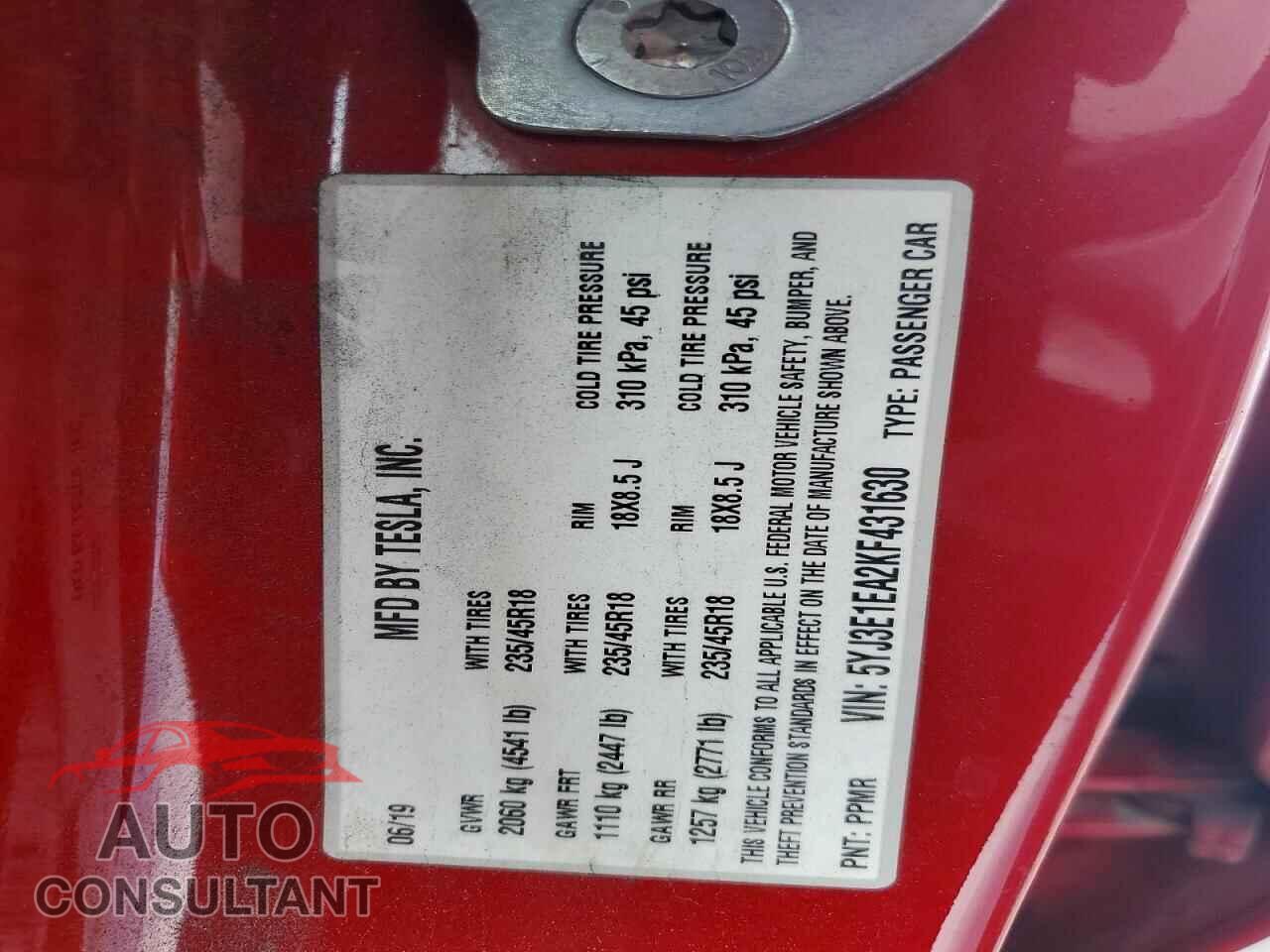 TESLA MODEL 3 2019 - 5YJ3E1EA2KF431630