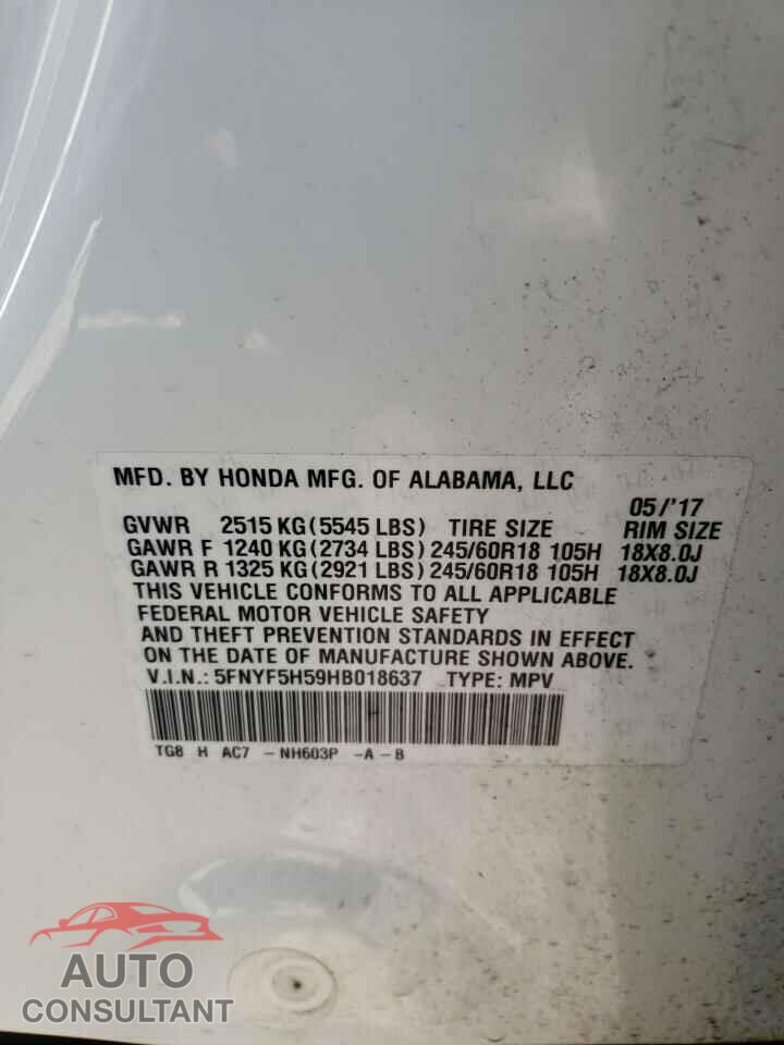 HONDA PILOT 2017 - 5FNYF5H59HB018637