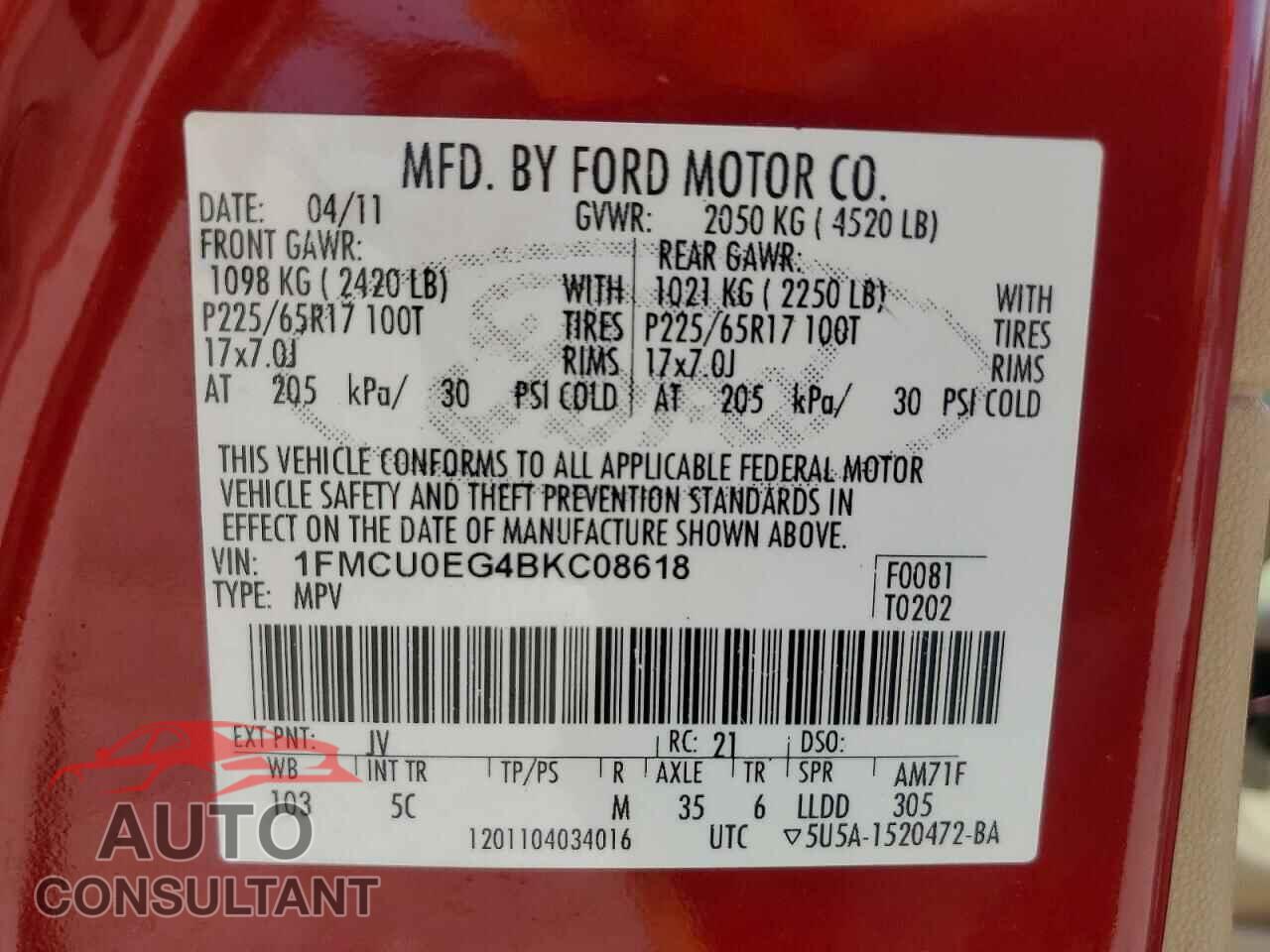 FORD ESCAPE 2011 - 1FMCU0EG4BKC08618