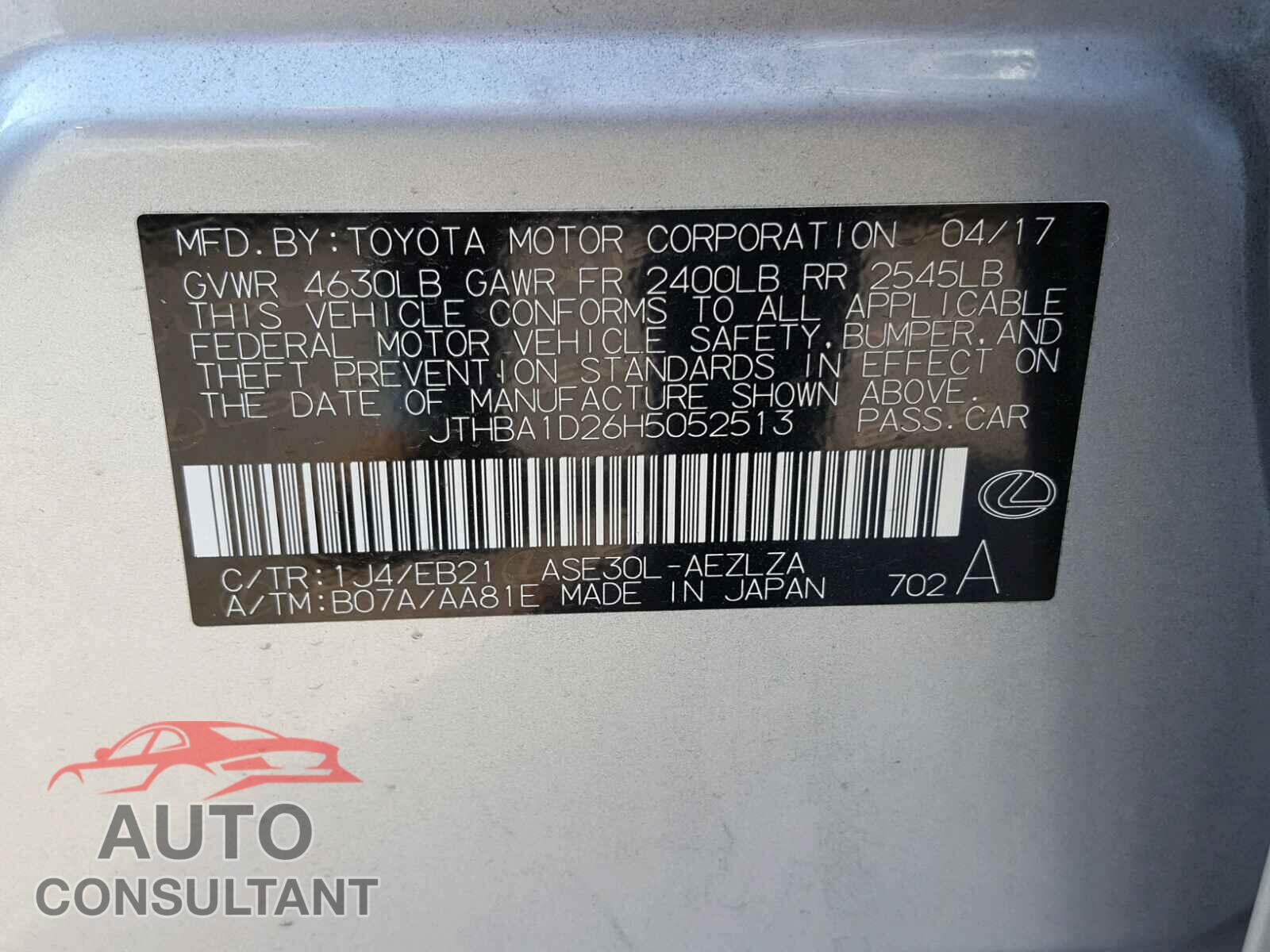 LEXUS IS 2017 - JTHBA1D26H5052513