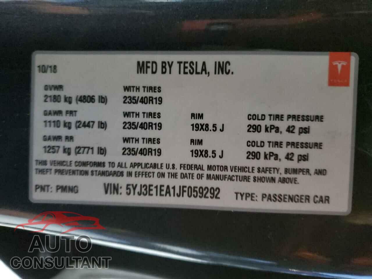 TESLA MODEL 3 2018 - 5YJ3E1EA1JF059292
