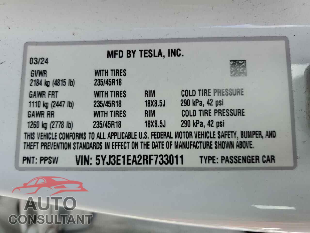 TESLA MODEL 3 2024 - 5YJ3E1EA2RF733011