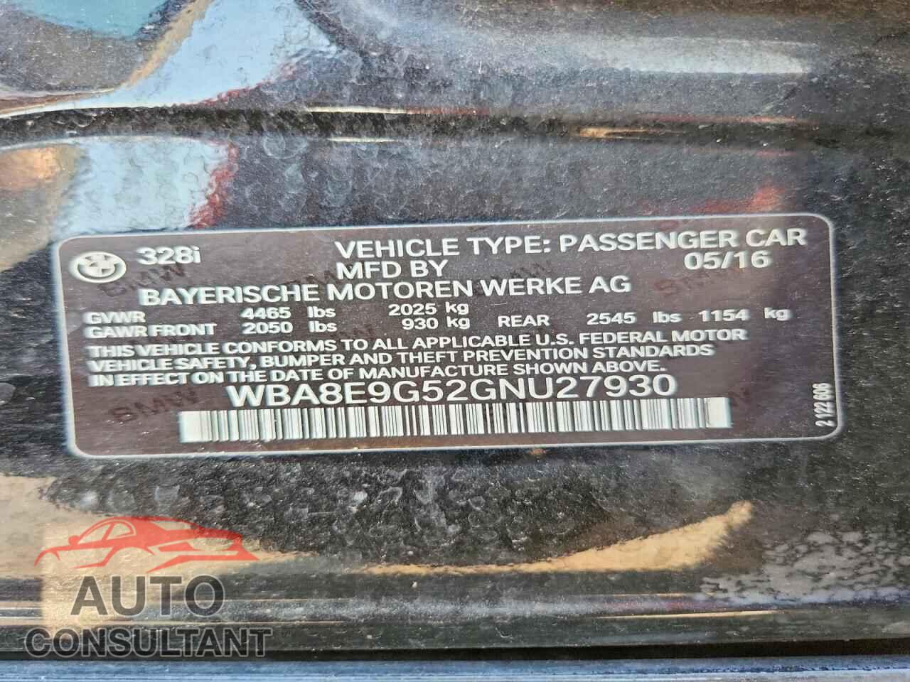 BMW 3 SERIES 2016 - WBA8E9G52GNU27930