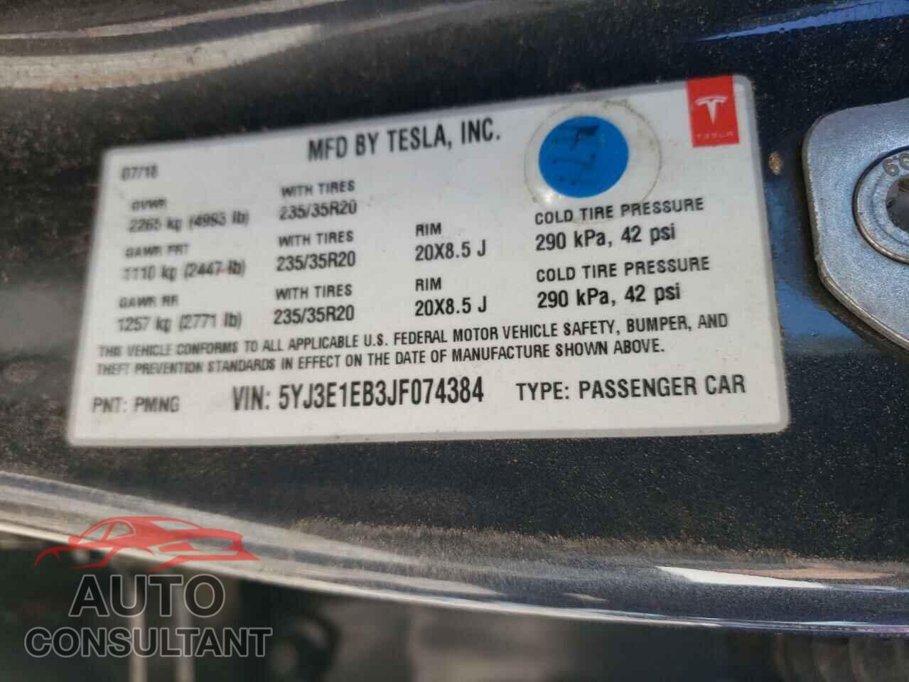 TESLA MODEL 3 2018 - 5YJ3E1EB3JF074384