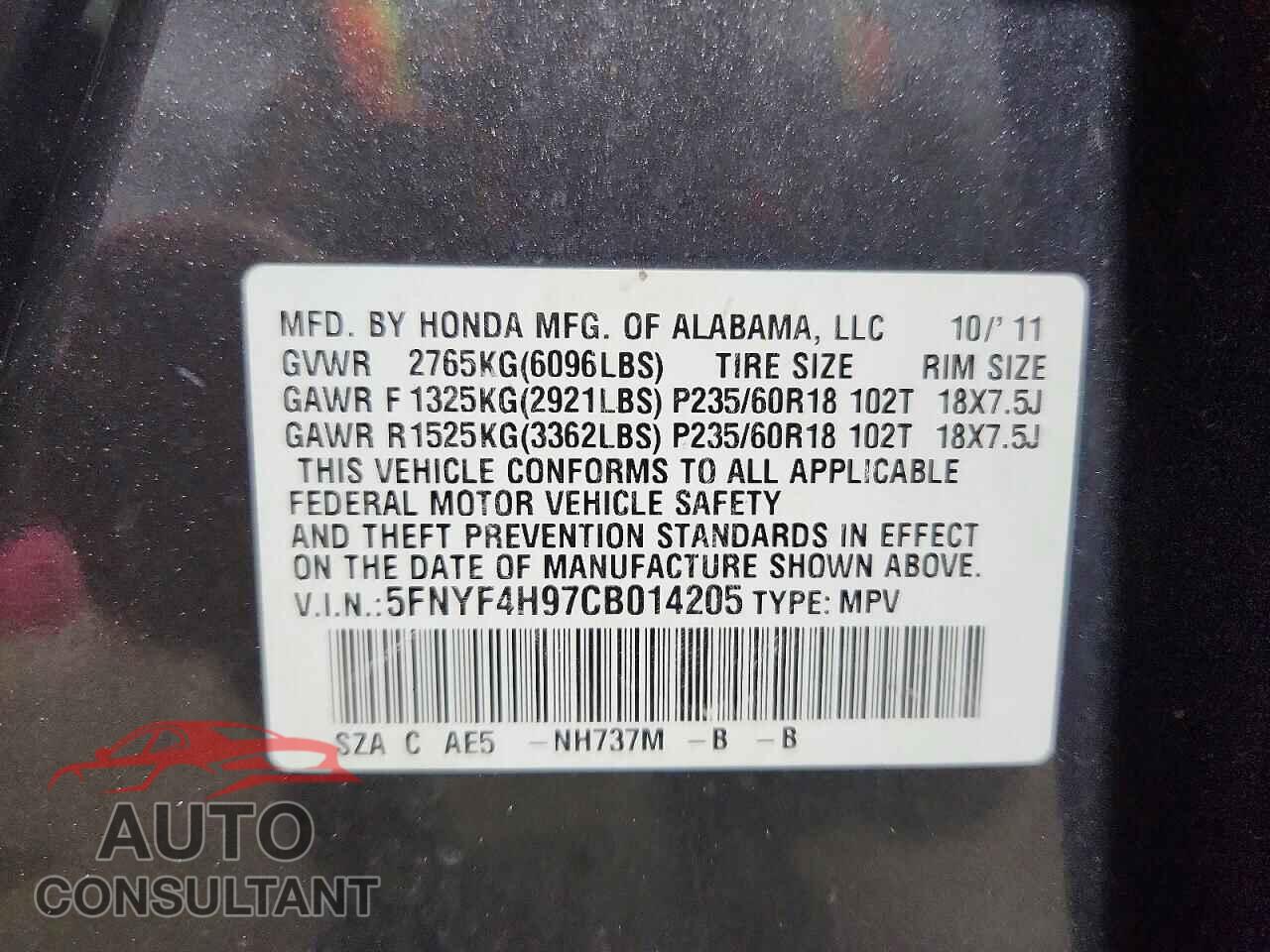 HONDA PILOT 2012 - 5FNYF4H97CB014205