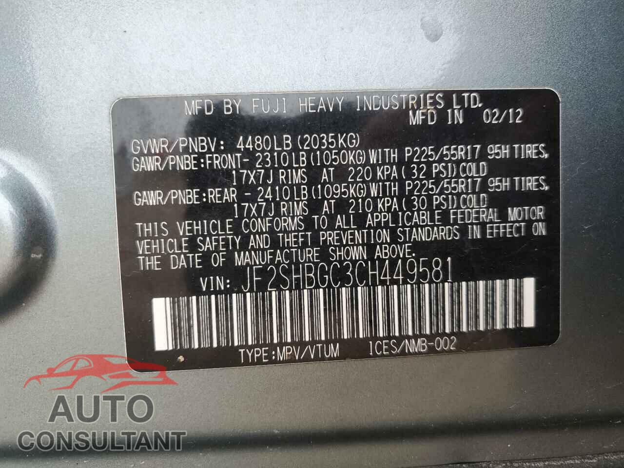 SUBARU FORESTER 2012 - JF2SHBGC3CH449581