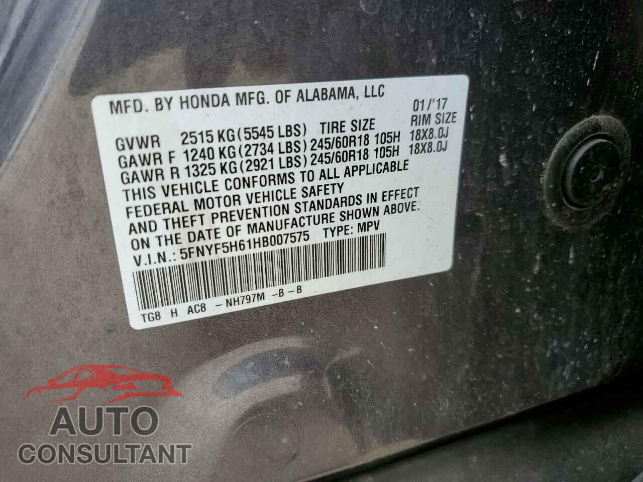 HONDA PILOT 2017 - 5FNYF5H61HB007575
