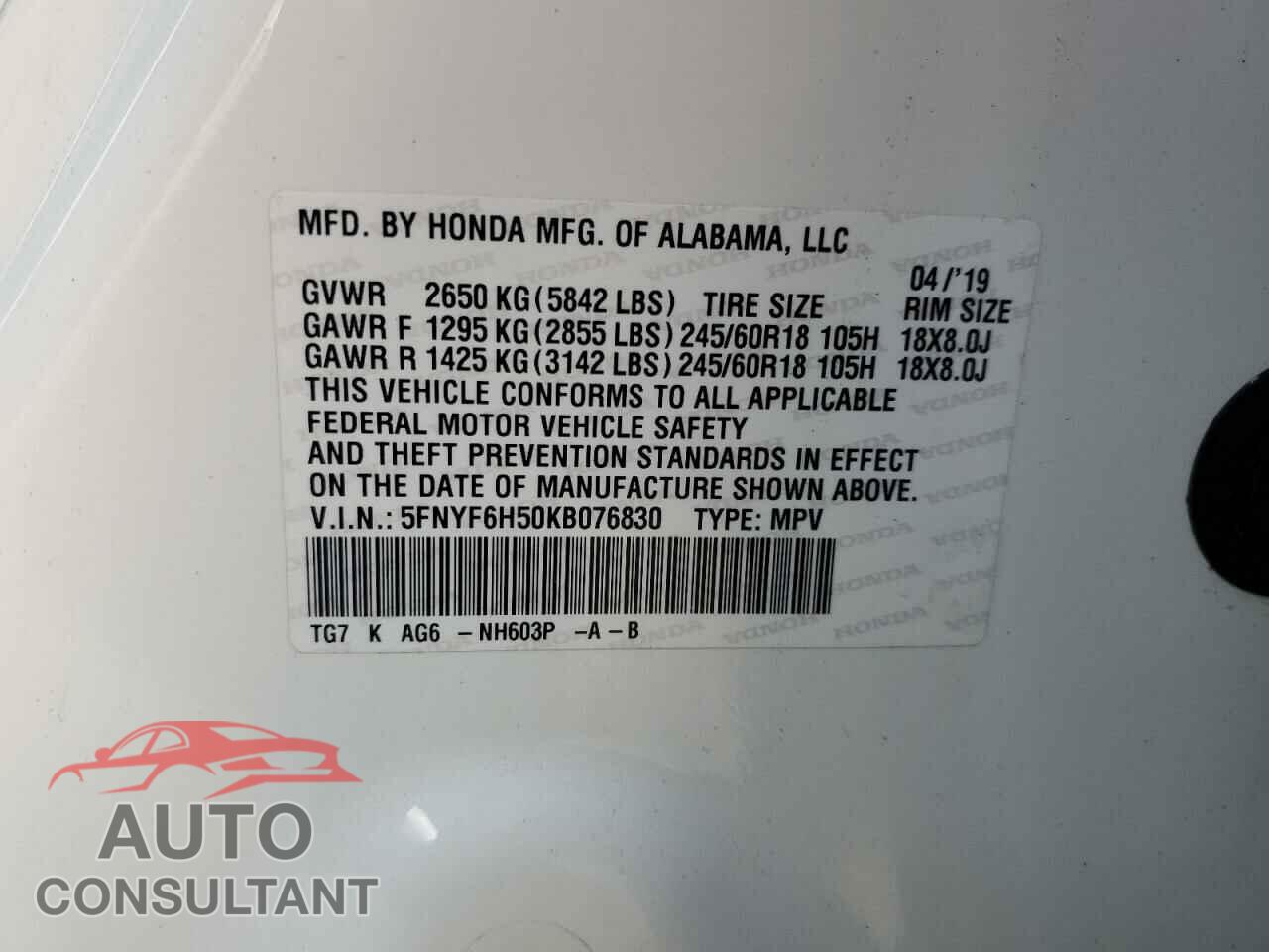 HONDA PILOT 2019 - 5FNYF6H50KB076830