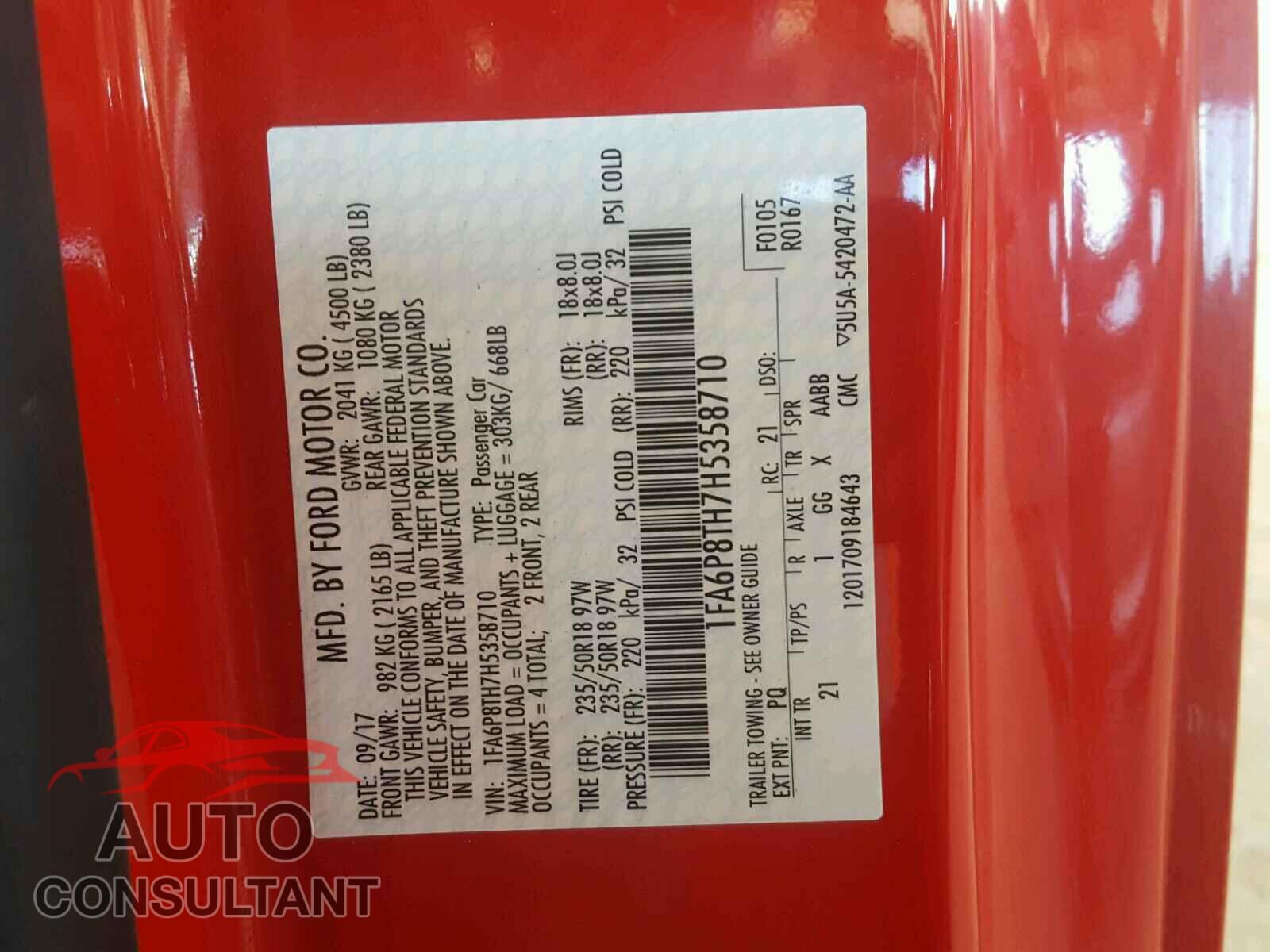 FORD MUSTANG 2017 - 1FA6P8TH7H5358710