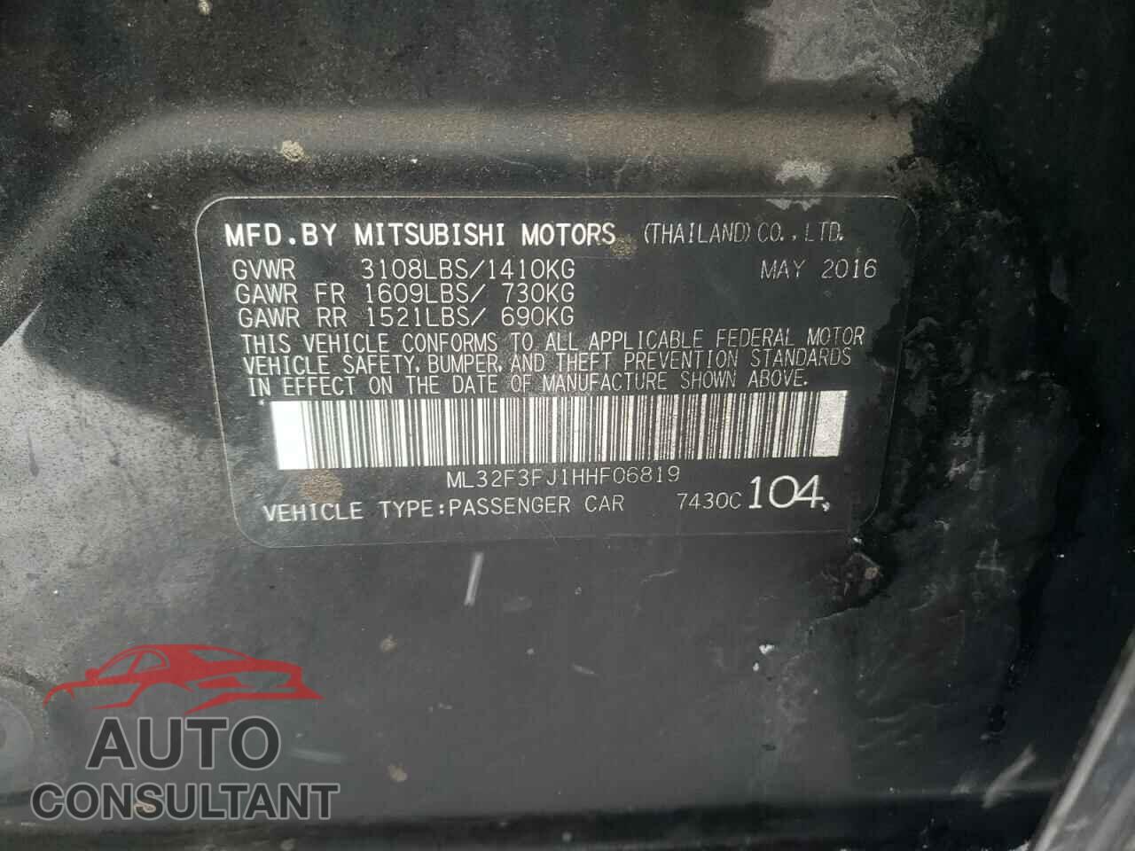 MITSUBISHI MIRAGE 2017 - ML32F3FJ1HHF06819