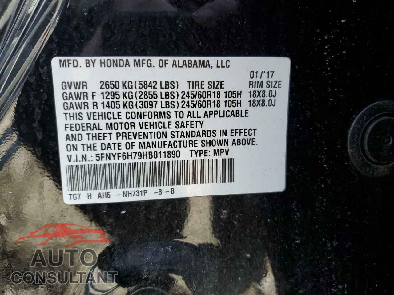 HONDA PILOT 2017 - 5FNYF6H79HB011890