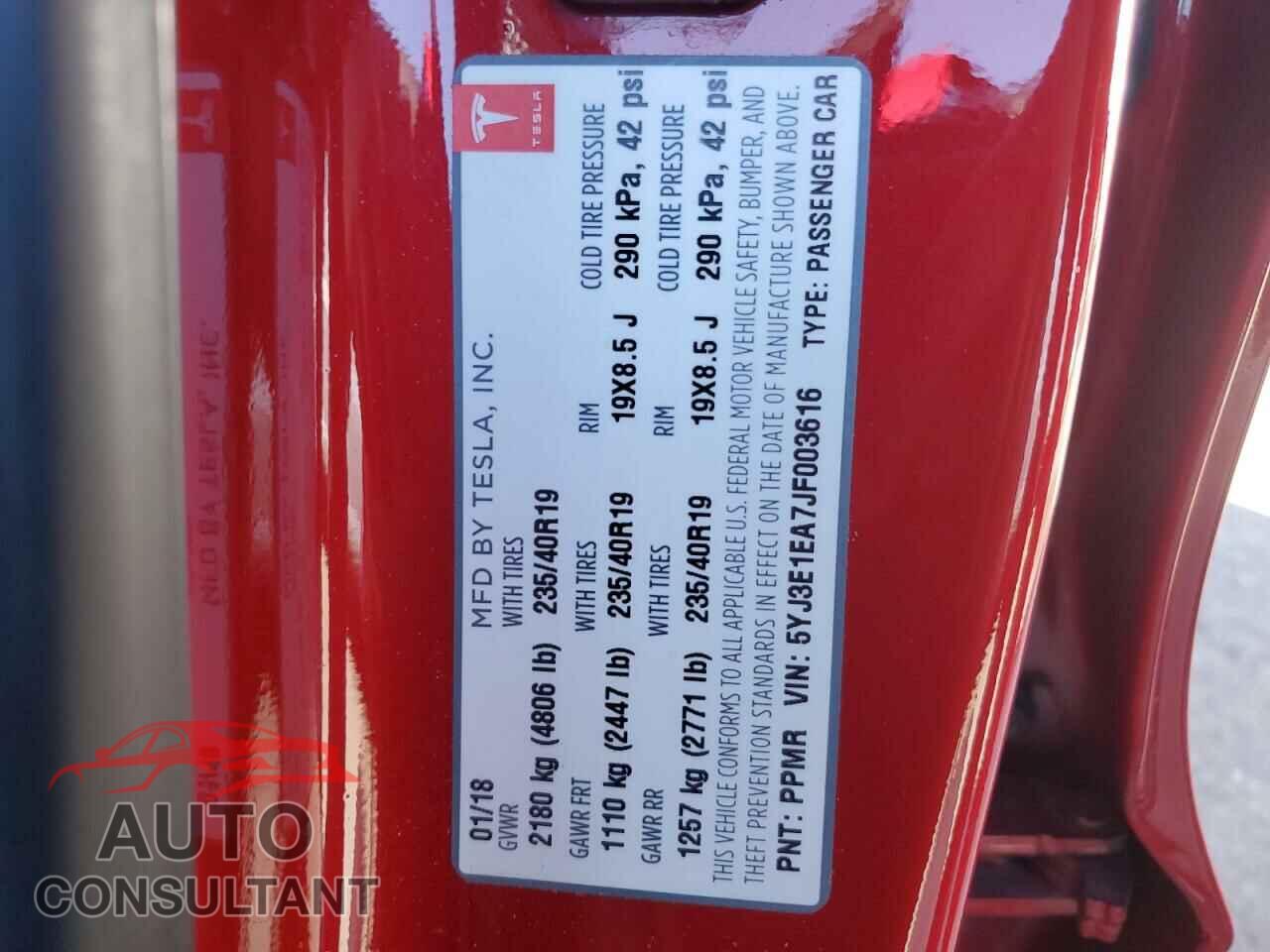 TESLA MODEL 3 2018 - 5YJ3E1EA7JF003616