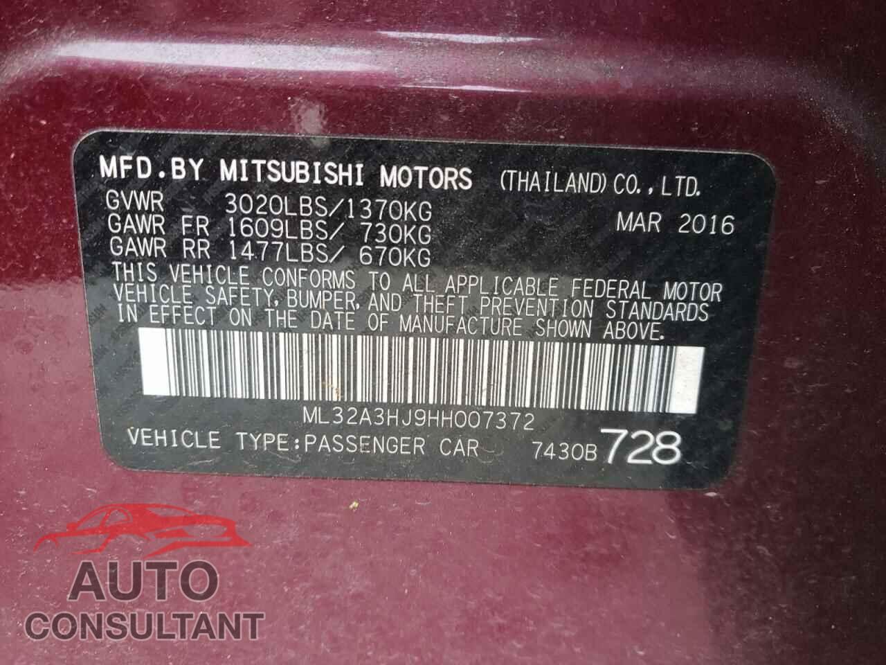 MITSUBISHI MIRAGE 2017 - ML32A3HJ9HH007372