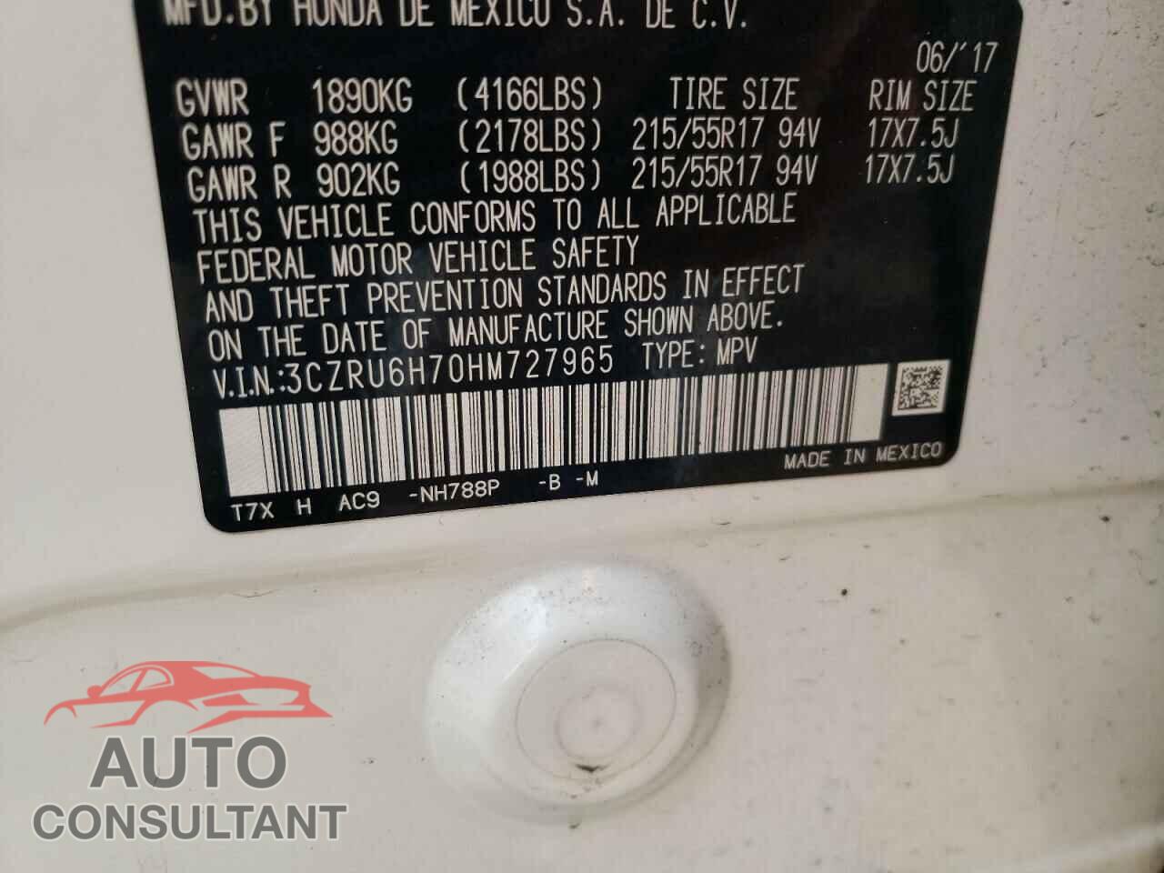 HONDA HR-V 2017 - 3CZRU6H70HM727965