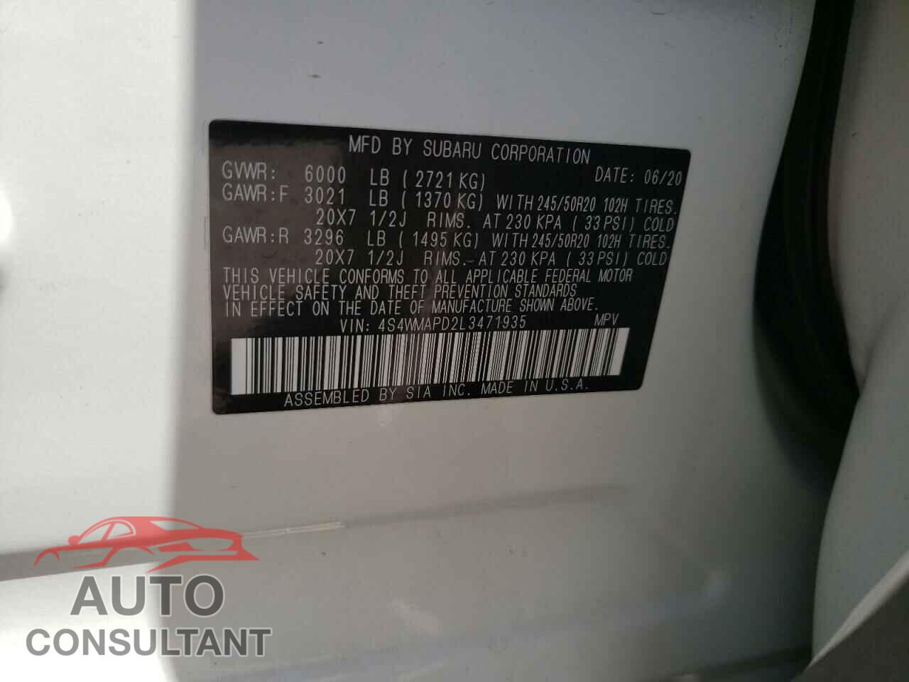 SUBARU ASCENT 2020 - 4S4WMAPD2L3471935