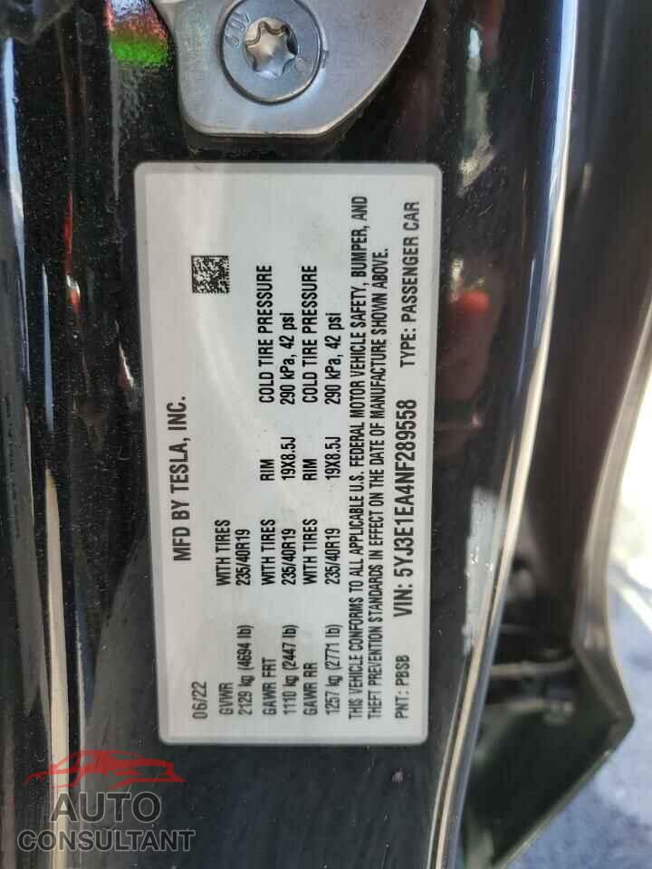 TESLA MODEL 3 2022 - 5YJ3E1EA4NF289558