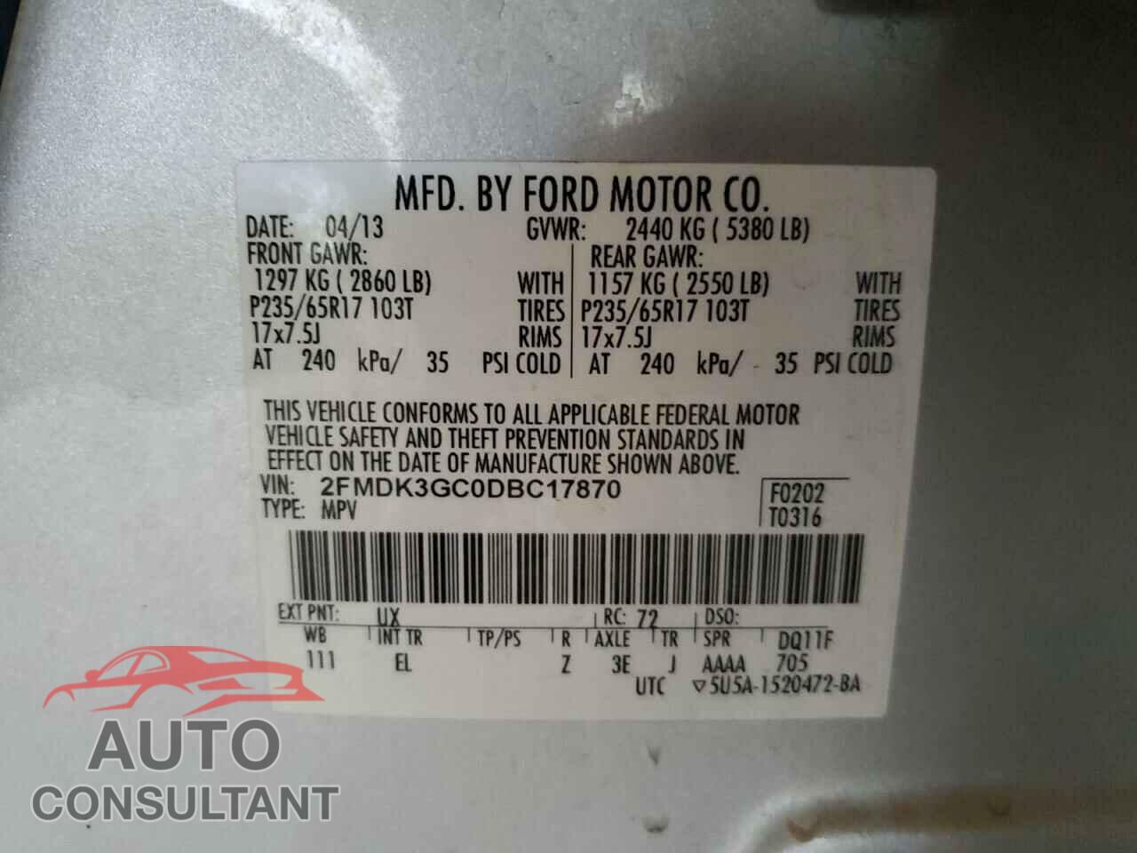FORD EDGE 2013 - 2FMDK3GC0DBC17870