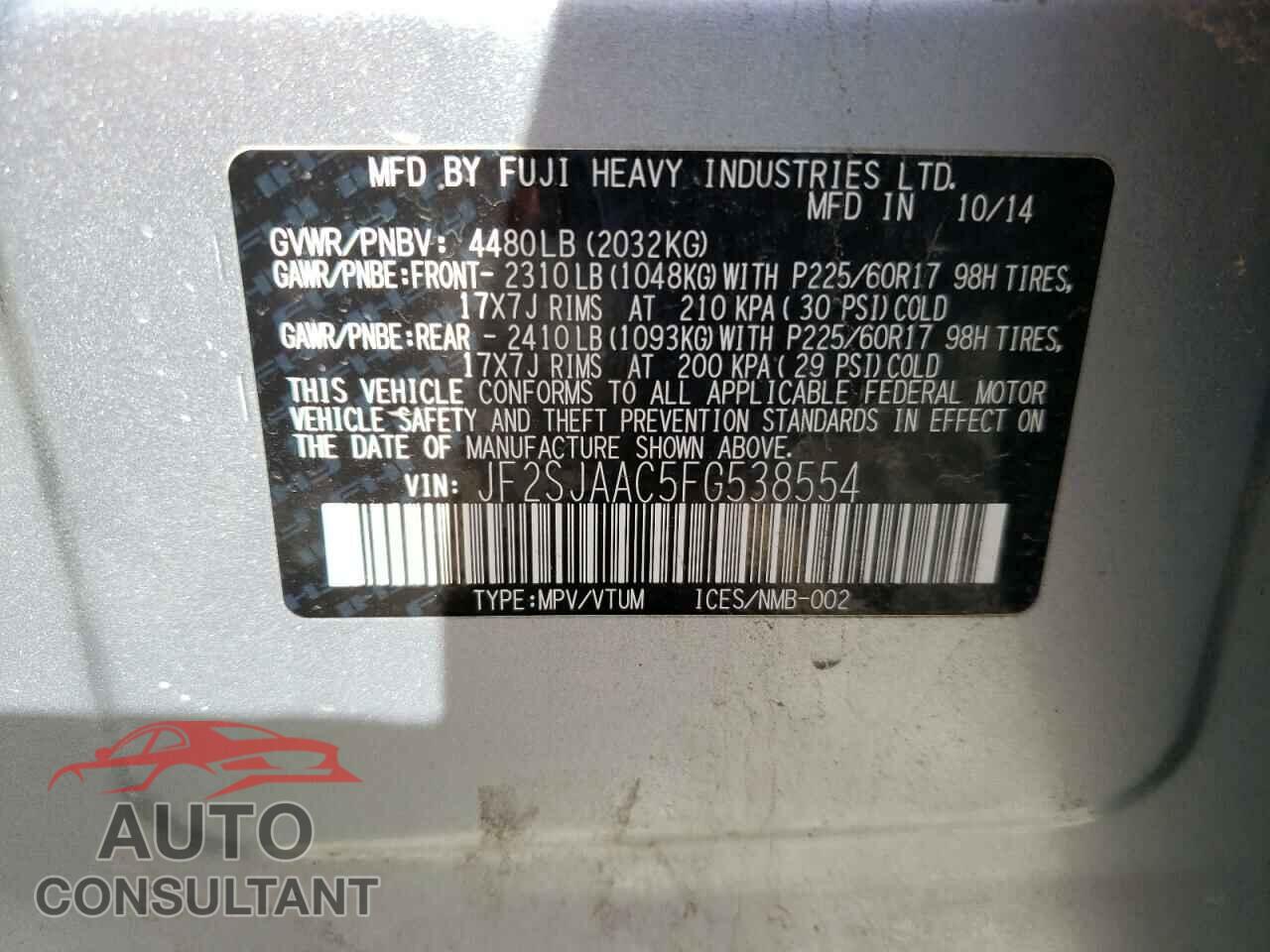 SUBARU FORESTER 2015 - JF2SJAAC5FG538554