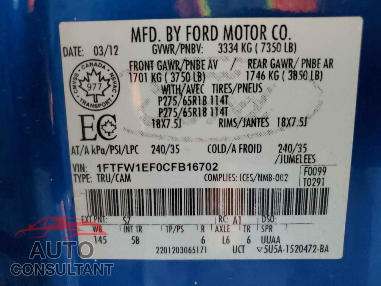 FORD F-150 2012 - 1FTFW1EF0CFB16702