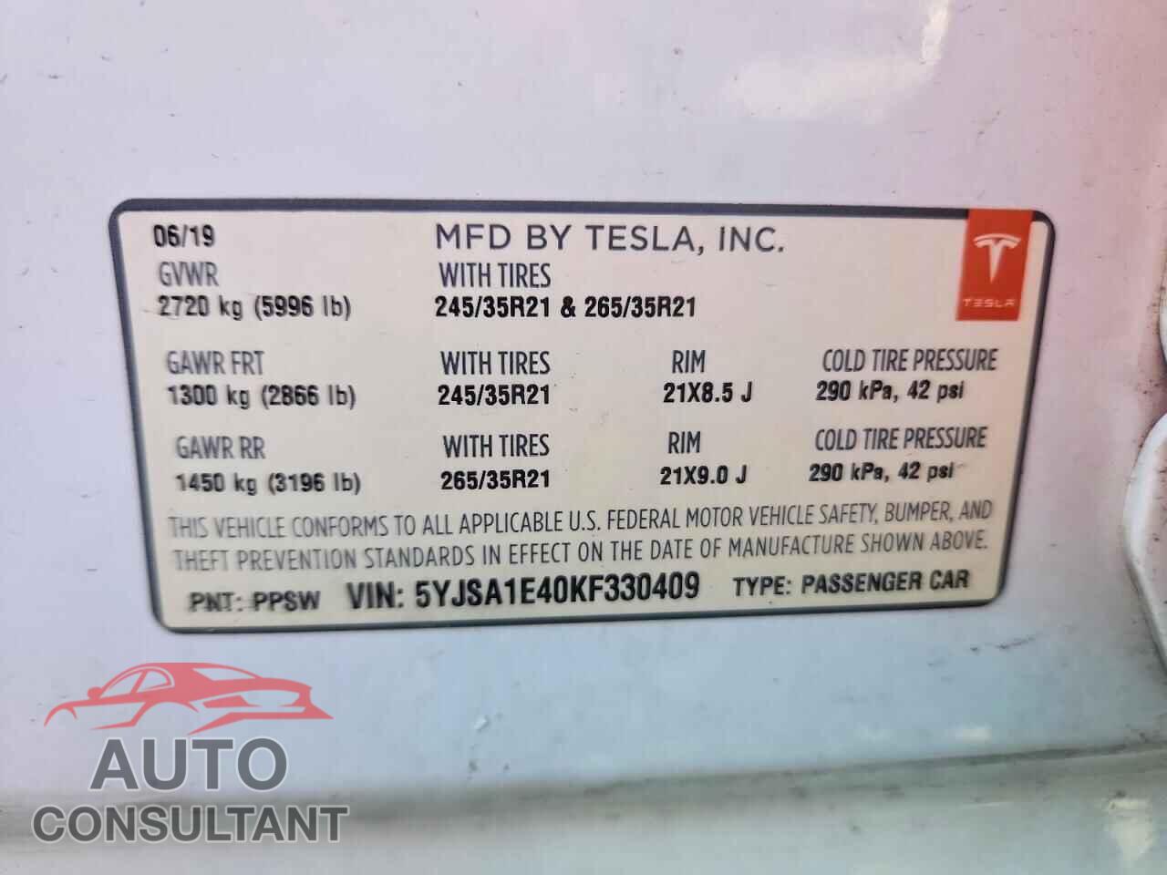 TESLA MODEL S 2019 - 5YJSA1E40KF330409