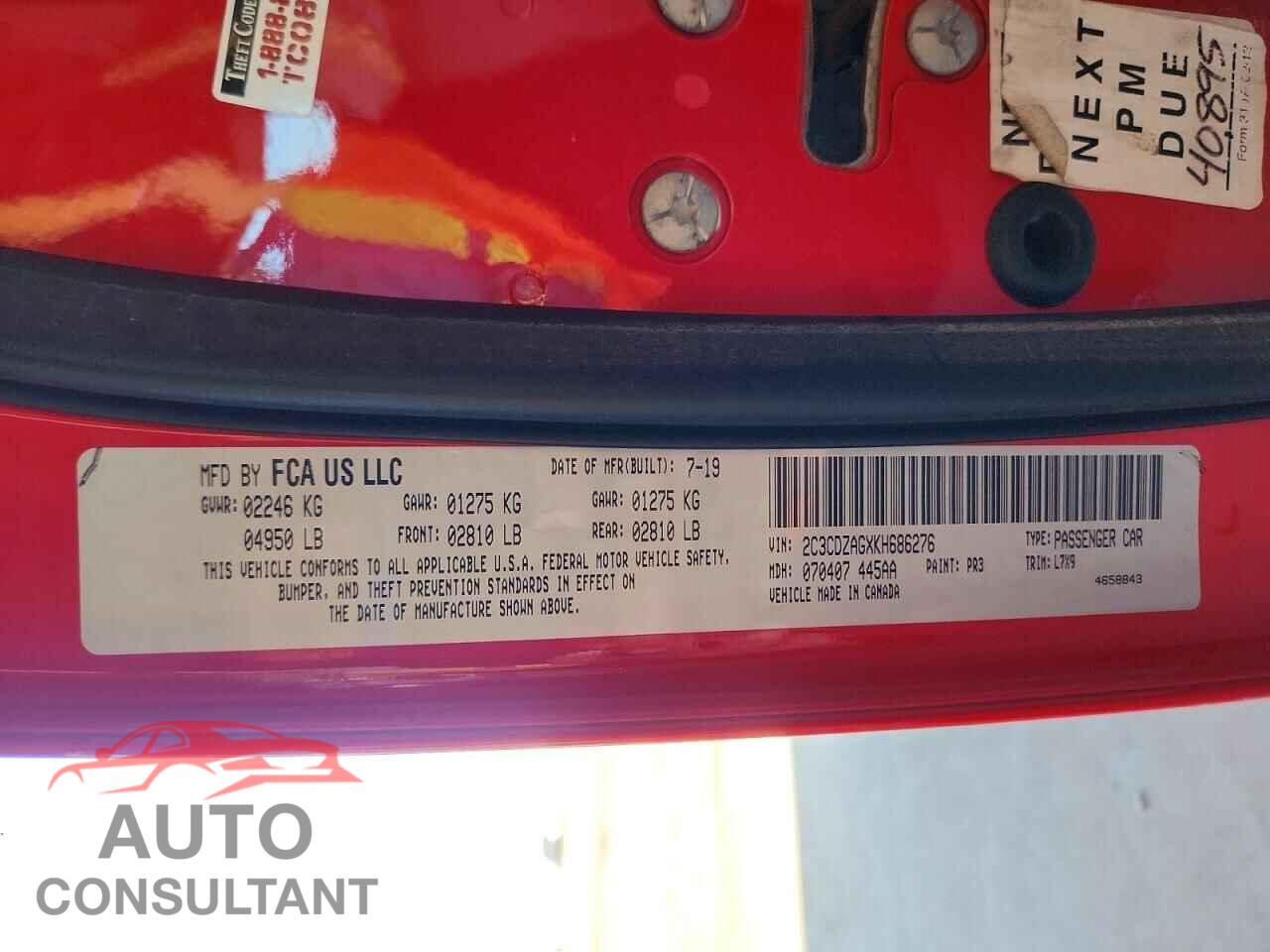 DODGE CHALLENGER 2019 - 2C3CDZAGXKH686276