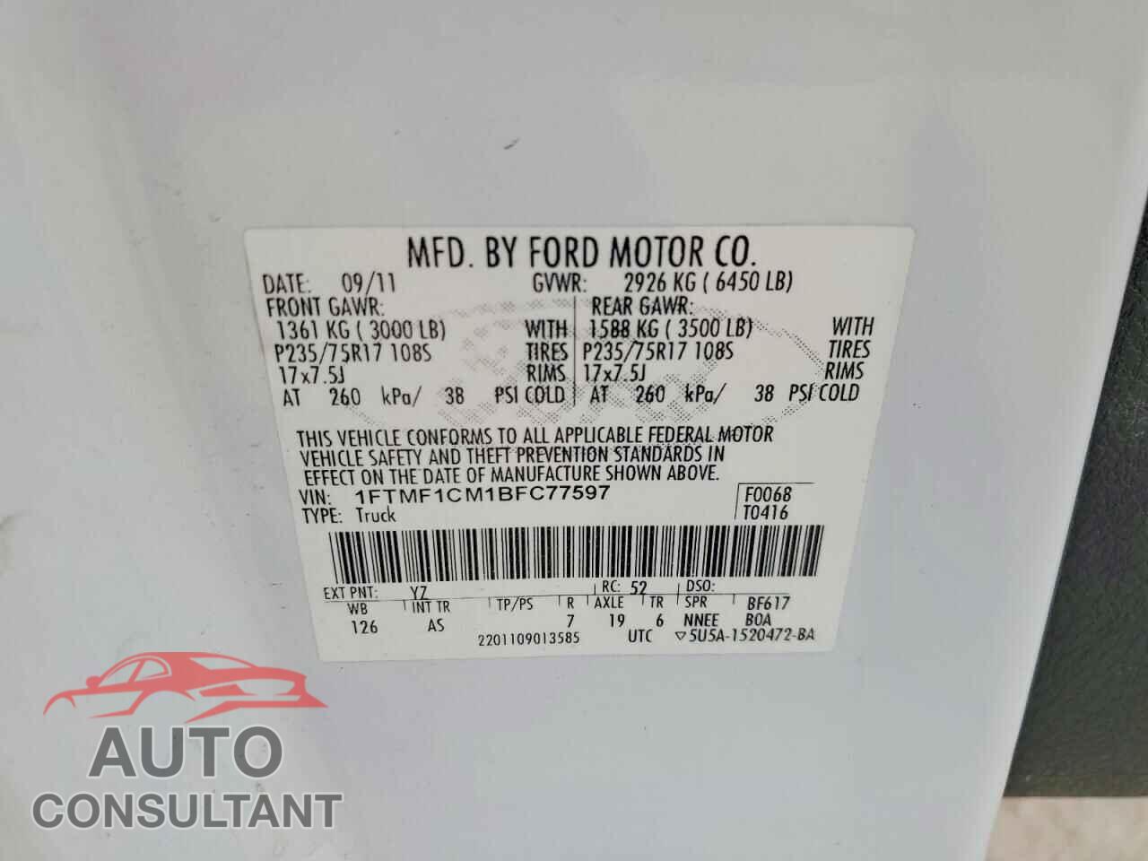 FORD F150 2011 - 1FTMF1CM1BFC77597