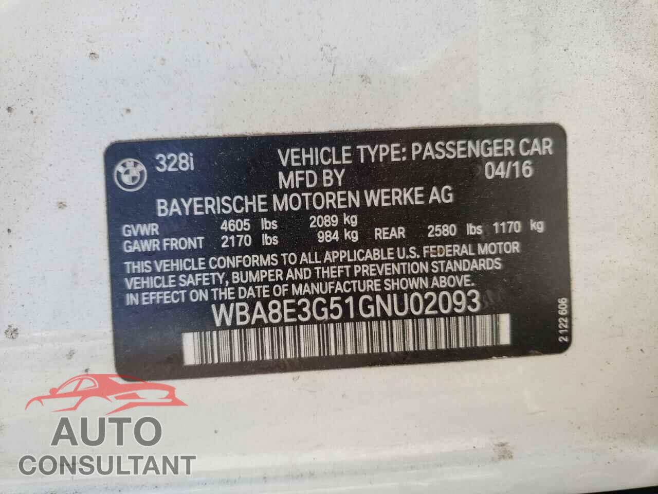 BMW 3 SERIES 2016 - WBA8E3G51GNU02093