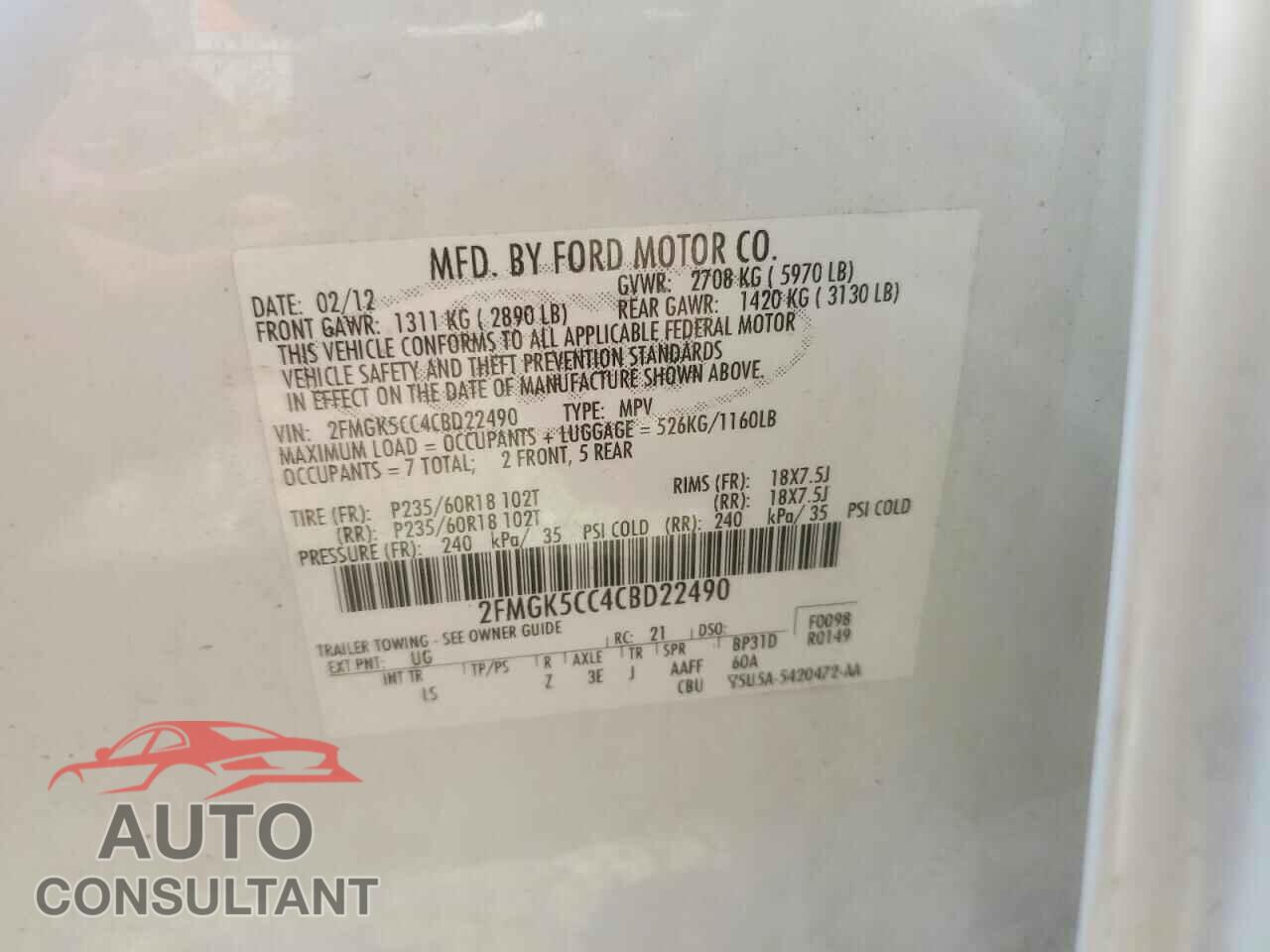 FORD FLEX 2012 - 2FMGK5CC4CBD22490