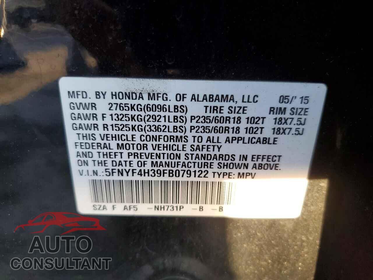 HONDA PILOT 2015 - 5FNYF4H39FB079122