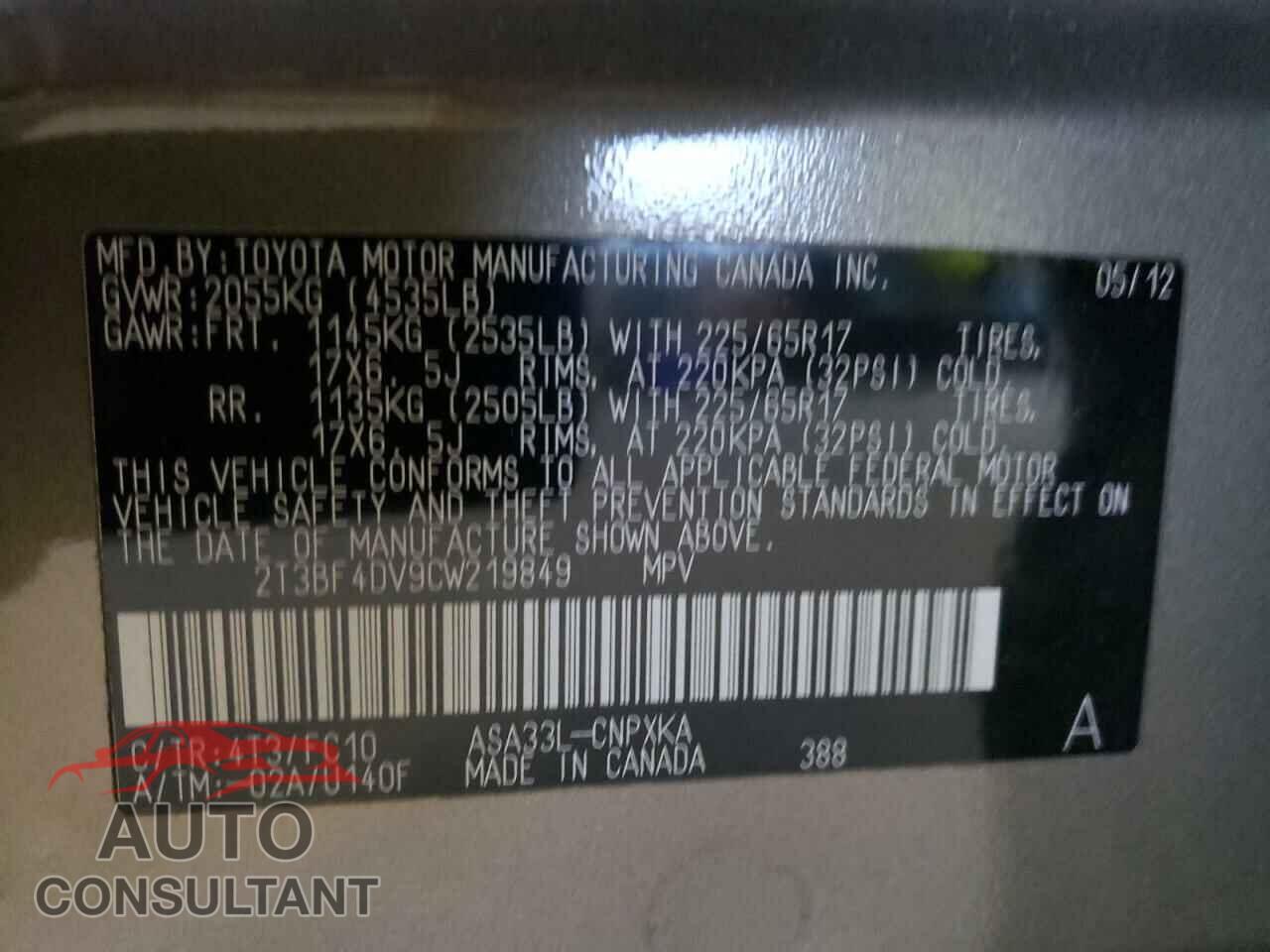 TOYOTA RAV4 2012 - 2T3BF4DV9CW219849