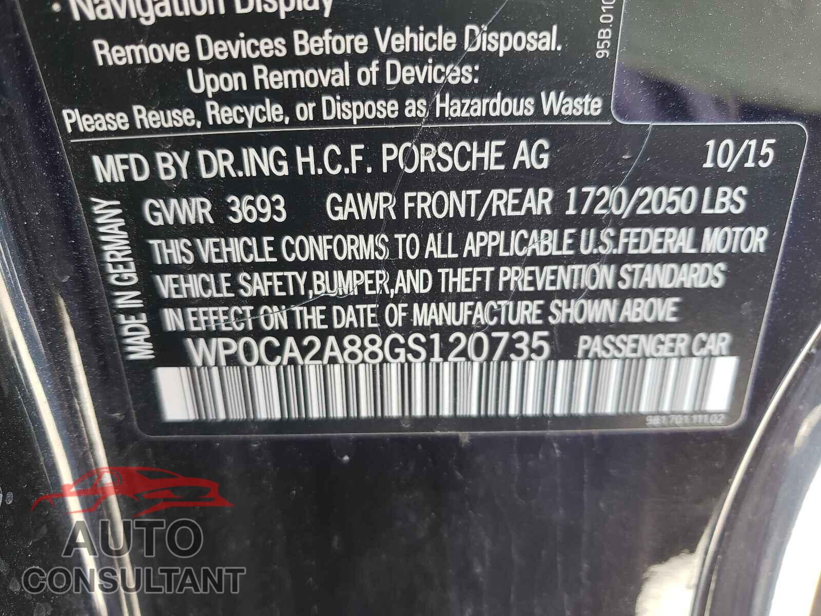PORSCHE BOXSTER 2016 - WP0CA2A88GS120735