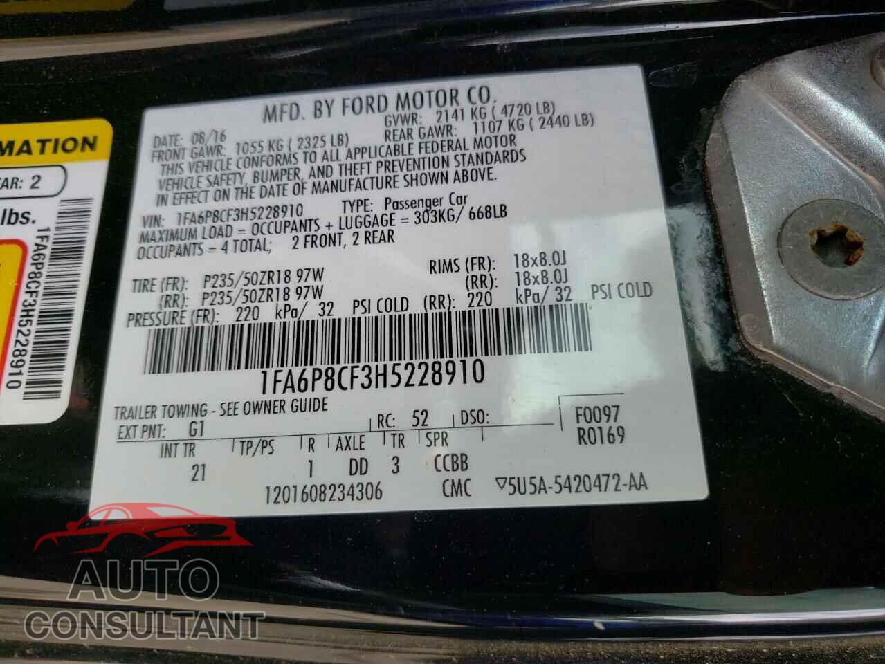 FORD MUSTANG 2017 - 1FA6P8CF3H5228910