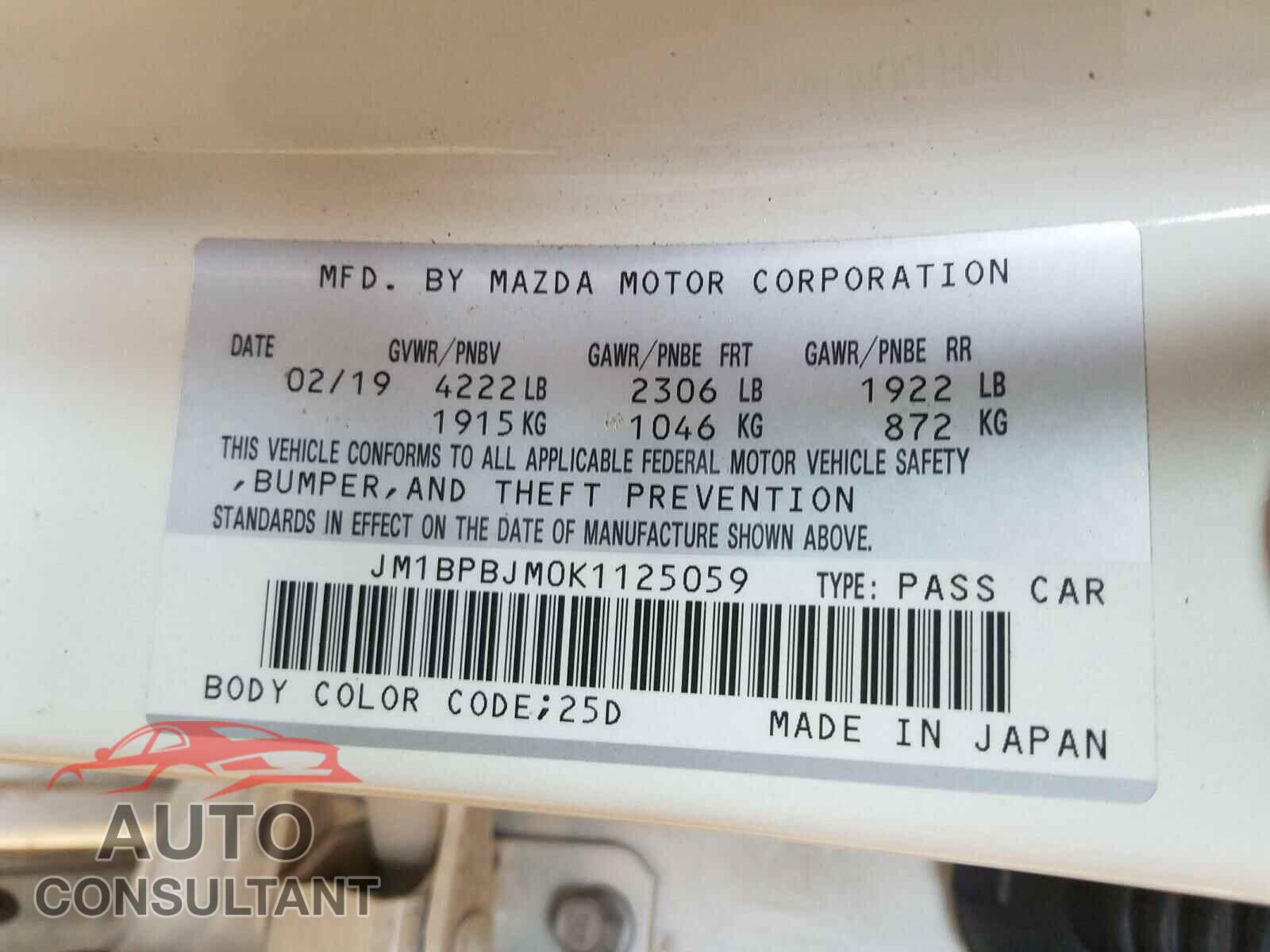MAZDA 3 2019 - JM1BPBJM0K1125059
