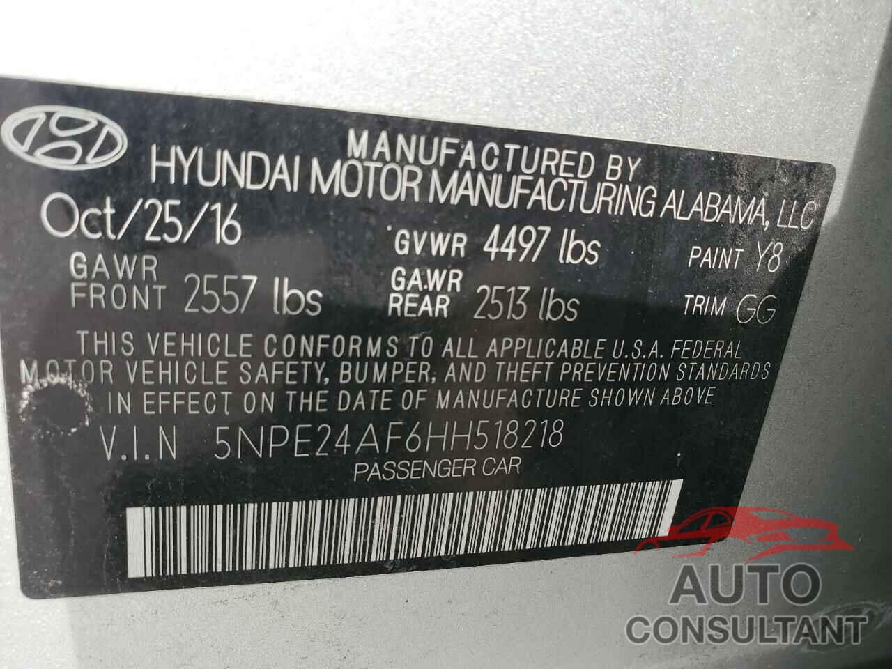 HYUNDAI SONATA 2017 - 5NPE24AF6HH518218