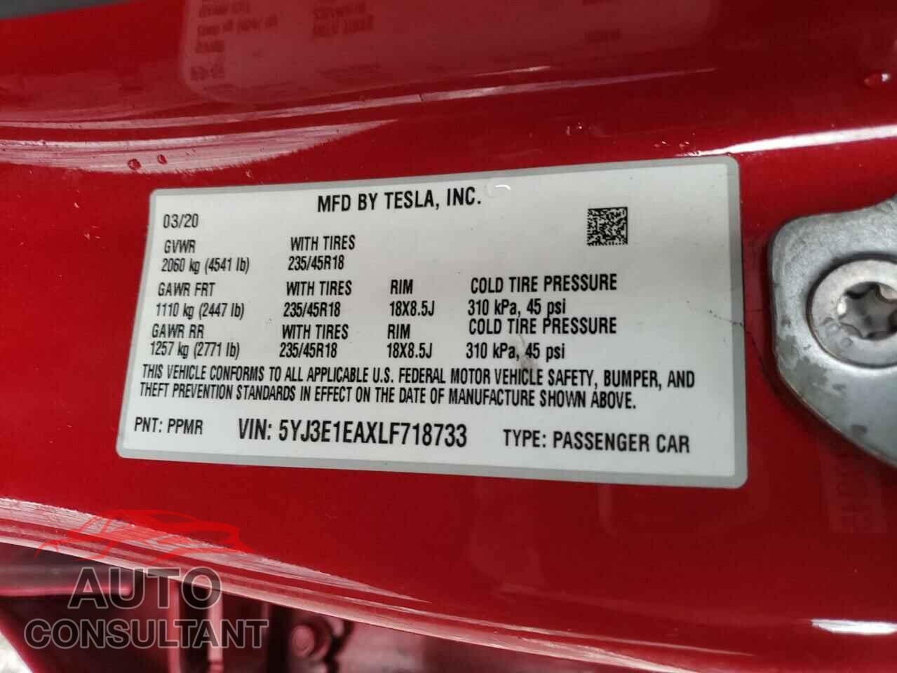 TESLA MODEL 3 2020 - 5YJ3E1EAXLF718733