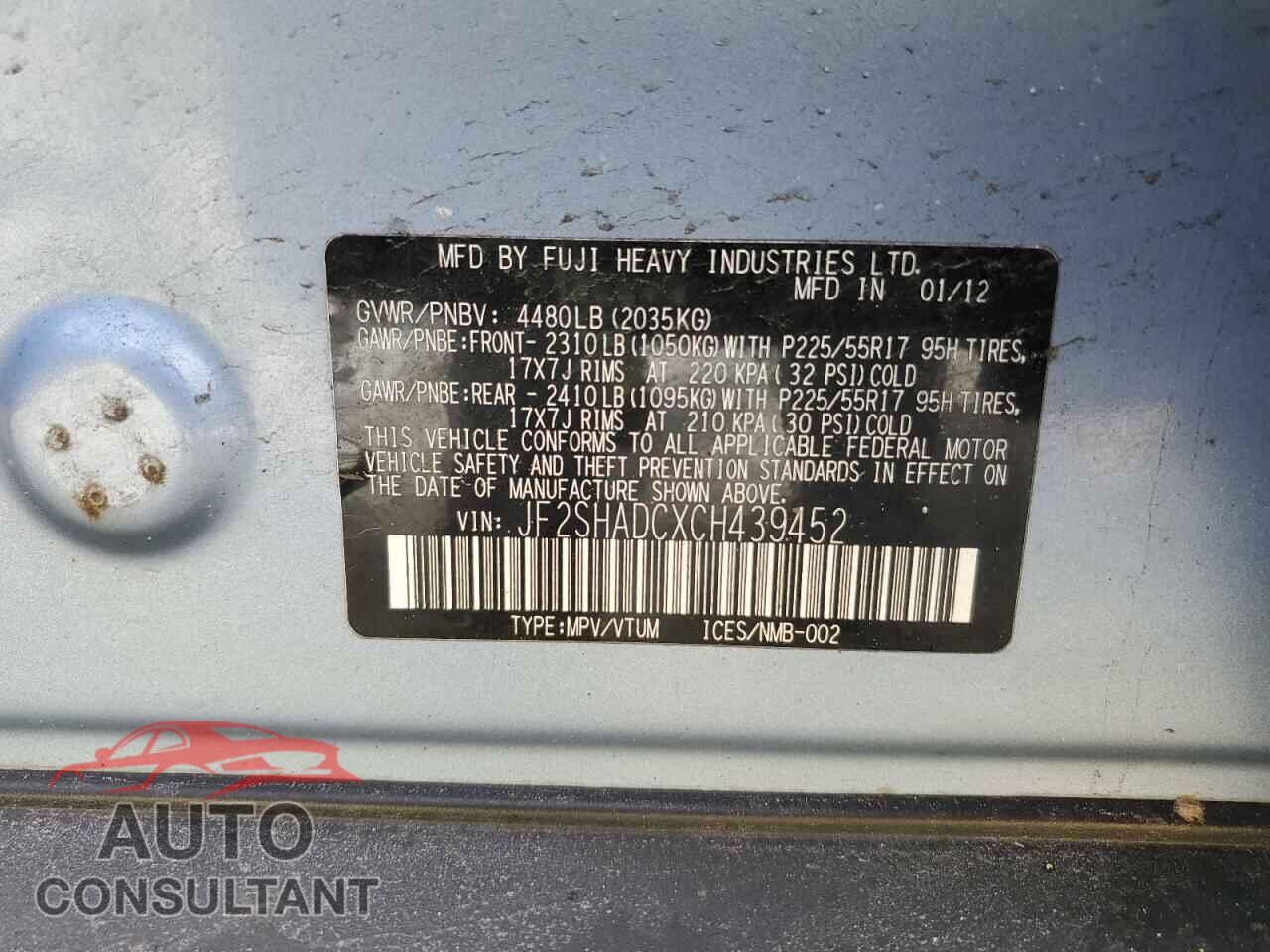 SUBARU FORESTER 2012 - JF2SHADCXCH439452