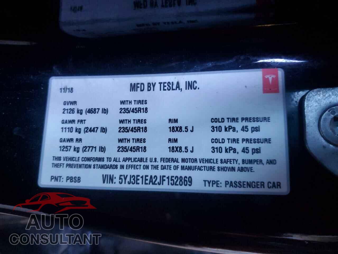 TESLA MODEL 3 2018 - 5YJ3E1EA2JF152869