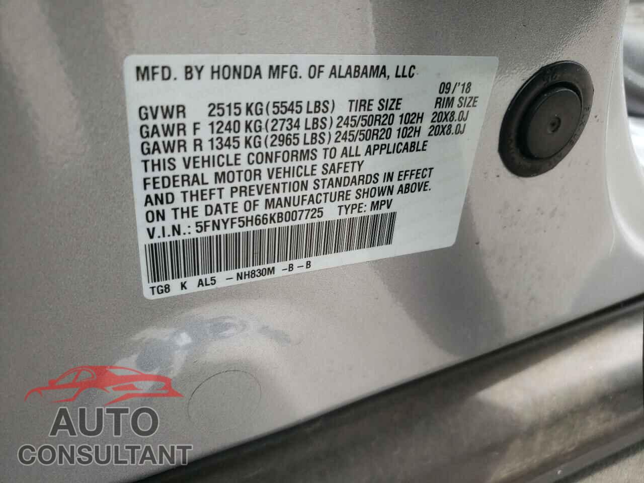 HONDA PILOT 2019 - 5FNYF5H66KB007725