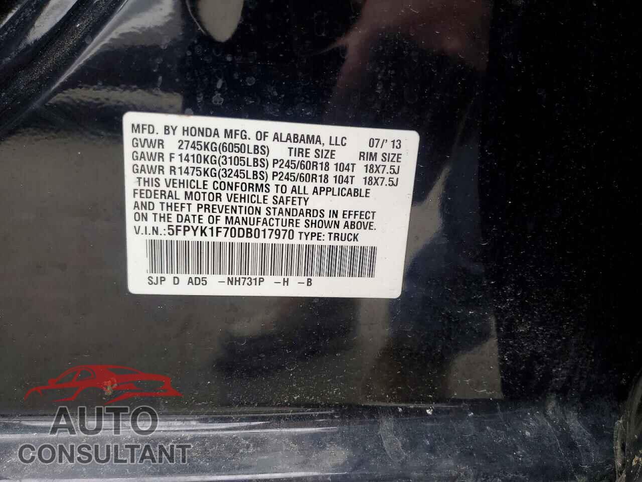 HONDA RIDGELINE 2013 - 5FPYK1F70DB017970