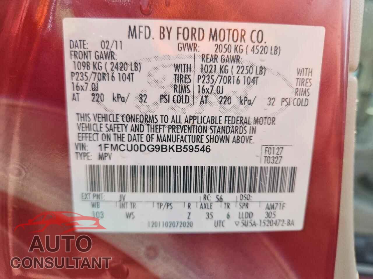 FORD ESCAPE 2011 - 1FMCU0DG9BKB59546