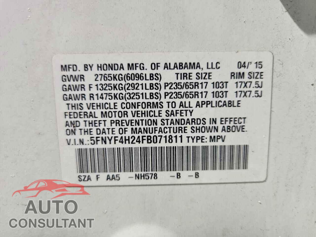 HONDA PILOT 2015 - 5FNYF4H24FB071811