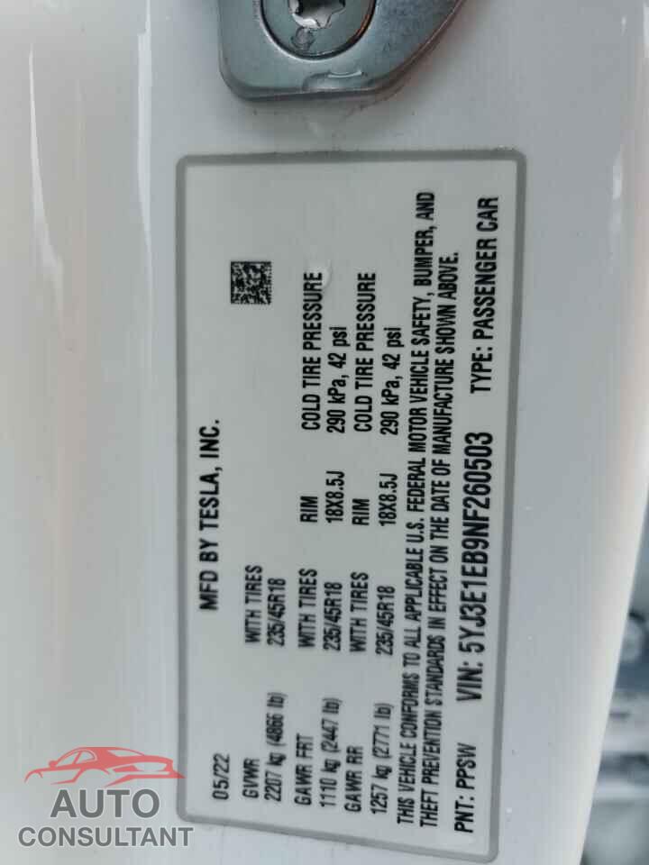 TESLA MODEL 3 2022 - 5YJ3E1EB9NF260503