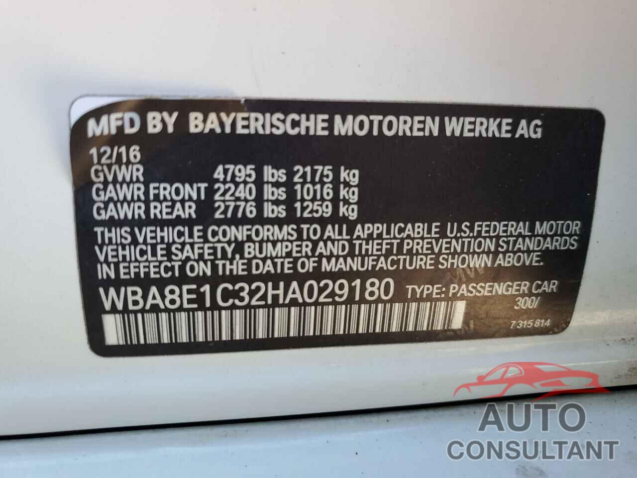 BMW 3 SERIES 2017 - WBA8E1C32HA029180