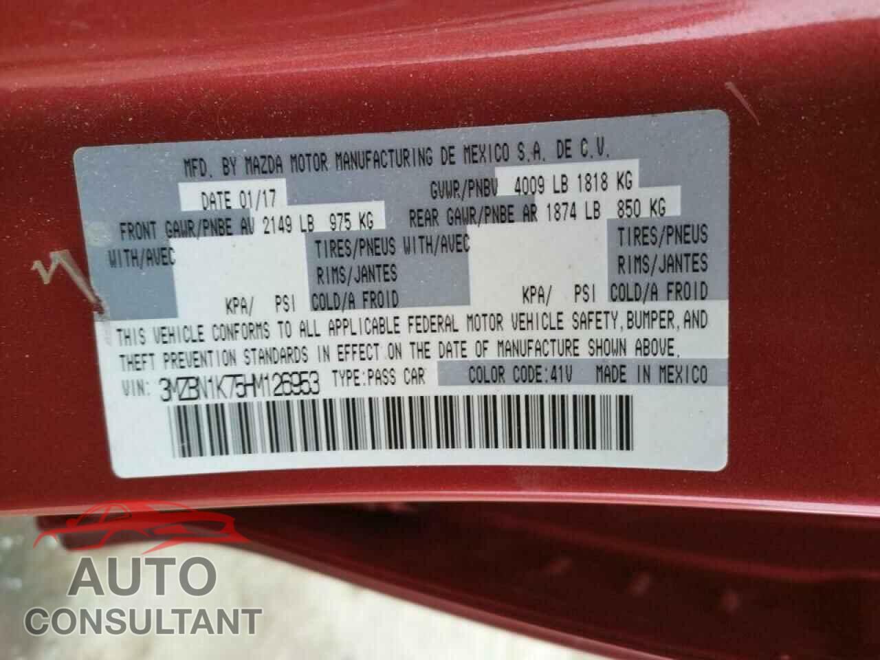 MAZDA 3 2017 - 3MZBN1K75HM126953